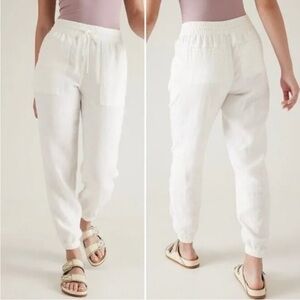 Athleta White Linen Ladies Joggers Sz12 , New! Drawstring elastic waist stretch